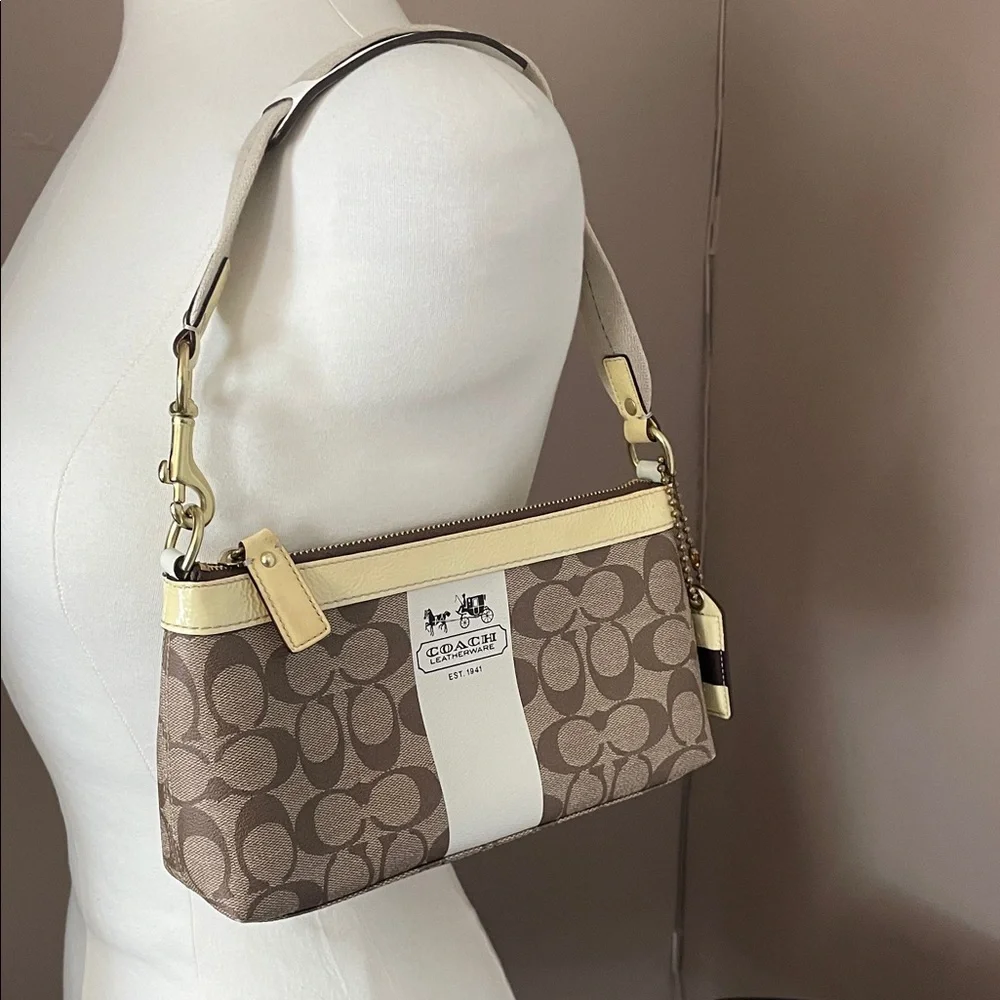 Coach Brown Signature Canvas Shoulder Bag with Cream Stripe